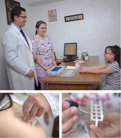 Collage de fotos que muestra como se realizan una prueba de alergia a niños, con el dispositivo conocido como "arañitas".